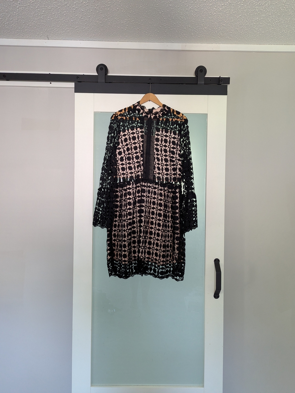 Black Lace Overlay Shift Dress with Nude Lining